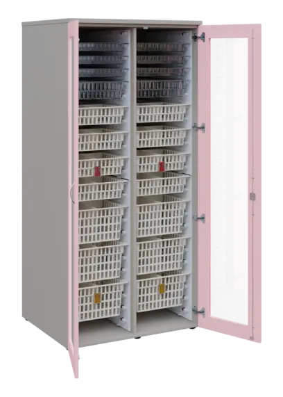 EUROMEDICA S - 90 skříň léková boxová, 2-dveřová/prosklená, 1950x900x735, korpus šedý, dvířka pastelově růžová